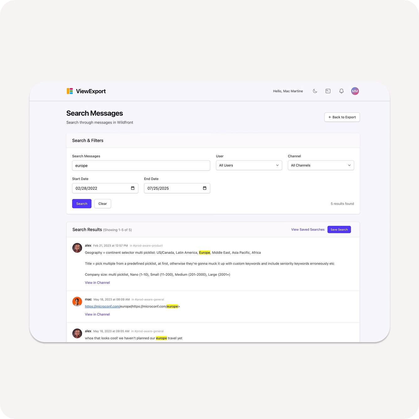 Searching Slack messages by date range